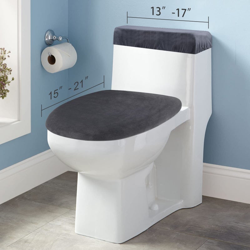 AZHCHKE Stretch Velvet Toilet Lid Cover and Toilet Tank Lid Cover  Bathroom Super Soft Toilet Lid Cover Set Luxury Velvet Plush  with Elastic Bottom  Machine Wash  Dark Grey - Image 4